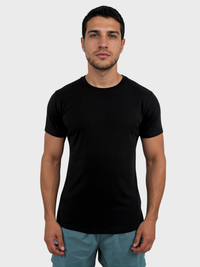 Man wearing a black t-shirt against a plain background