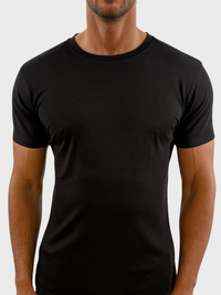 Person wearing a plain black t-shirt against a light gray background