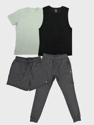 Light green t-shirt, black tank top, gray shorts, and gray jogger pants on a white background
