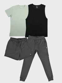 Light green t-shirt, black tank top, gray shorts, and gray jogger pants on a white background