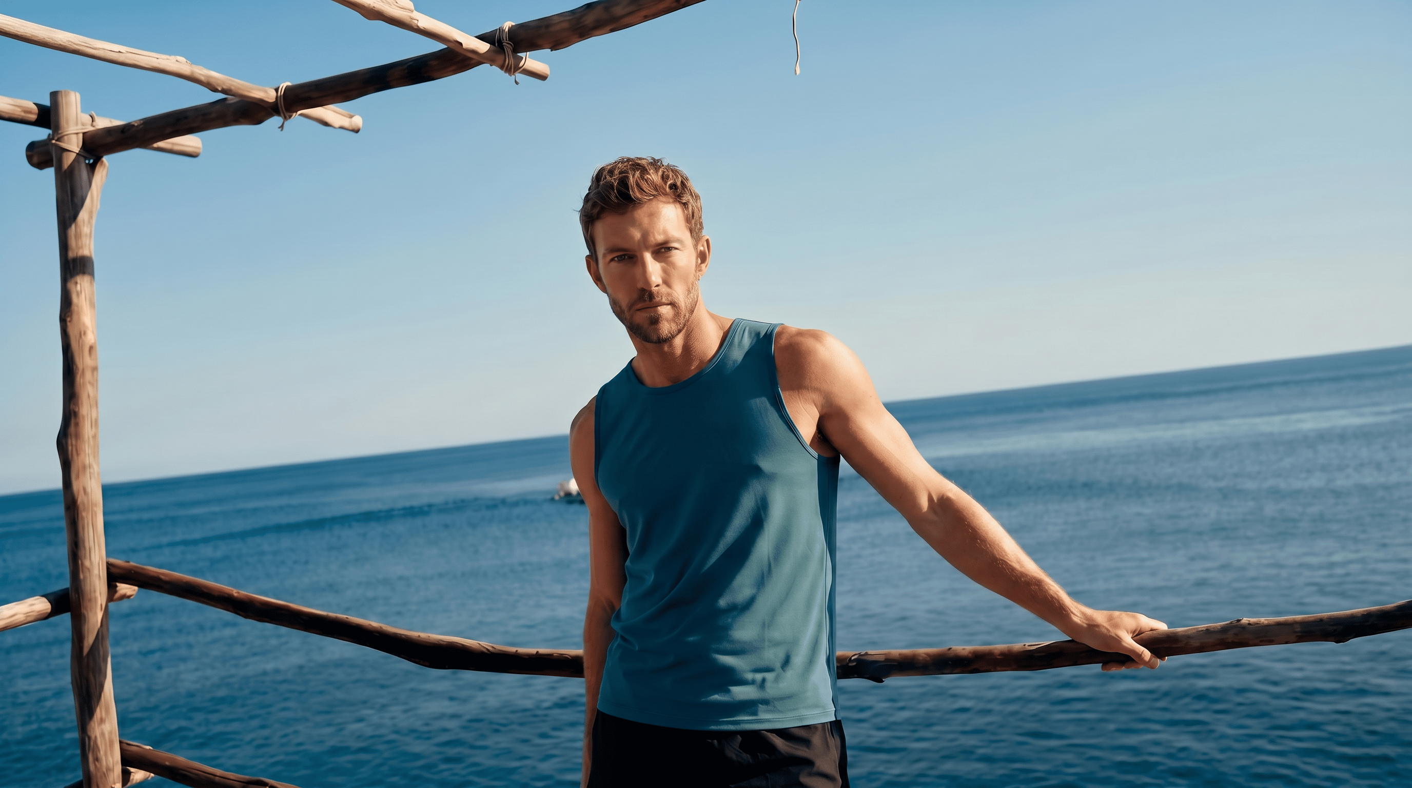 Man in a blue tank top standing on a wooden platform with ocean and sky in the background