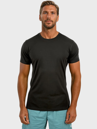 Man wearing a black t-shirt and light blue shorts on a white background