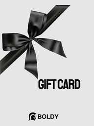 Gift card with a black ribbon and 'BOLDY' branding on a light gray background