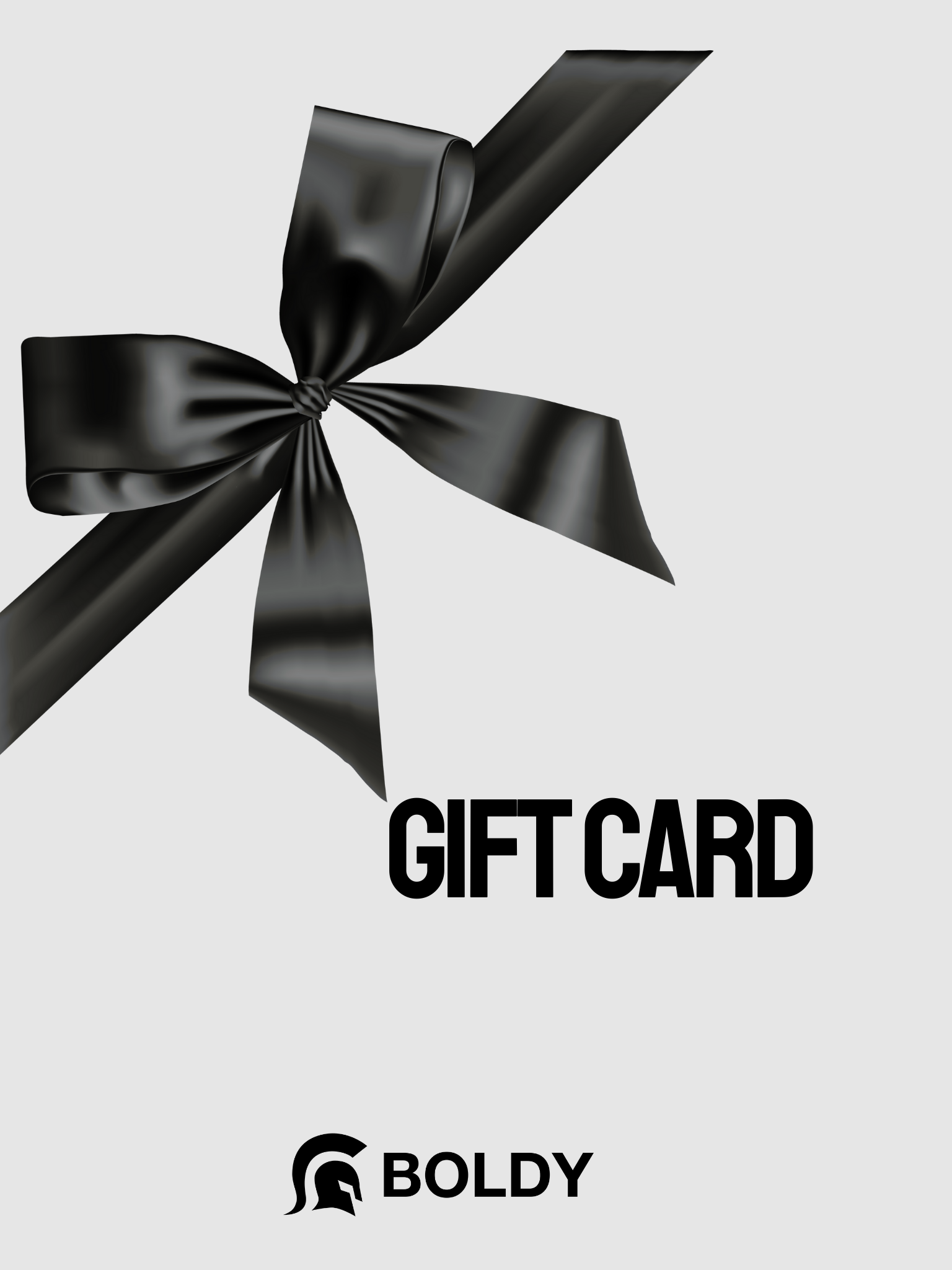 Gift card with a black ribbon and 'BOLDY' branding on a light gray background