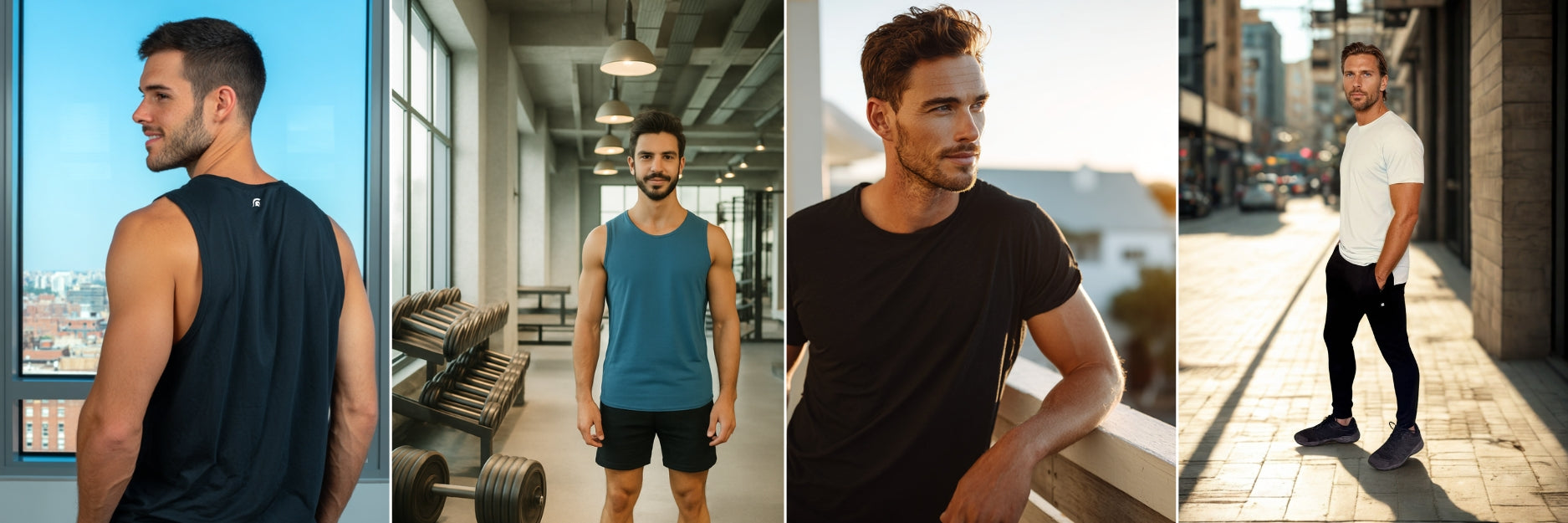 Man wearing different tank tops in various settings