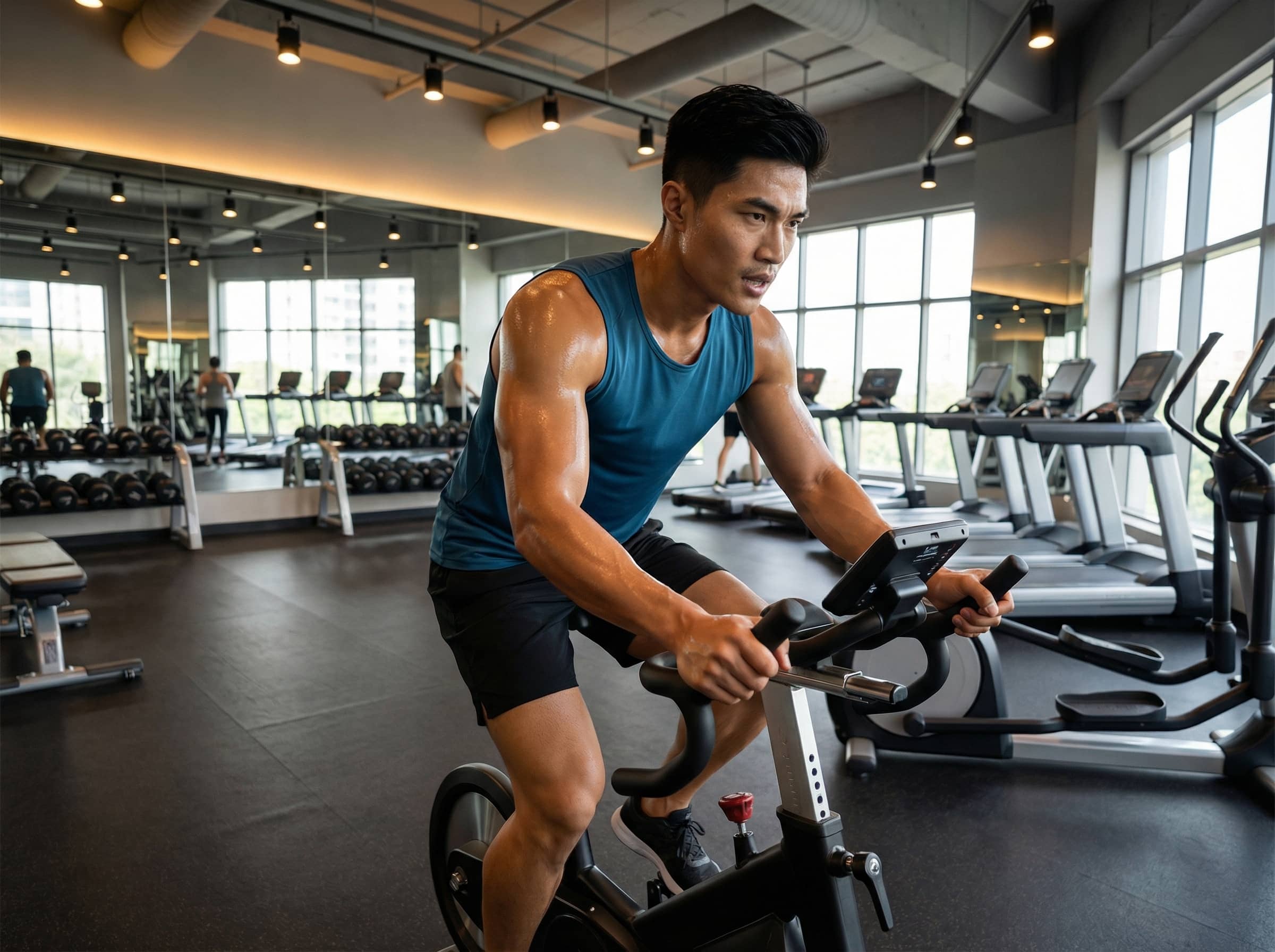 Man exercising on a stationary bike in a gym setting