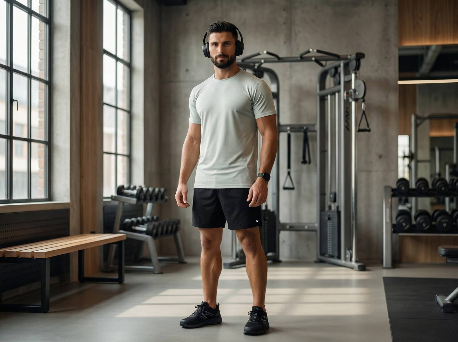 Man standing in a gym wearing headphones and a gray t-shirt.