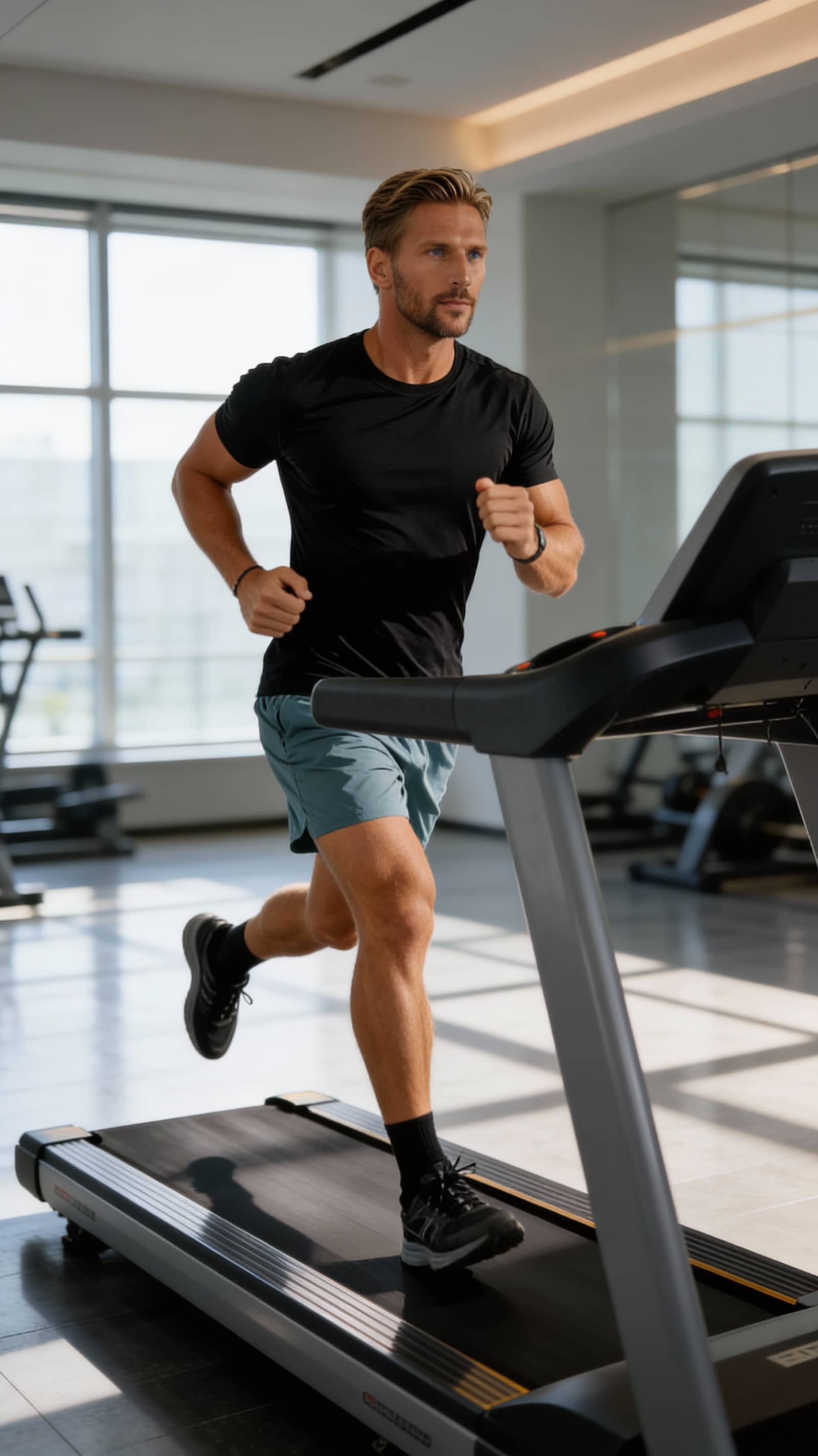 Man running on a treadmill in a gym setting
